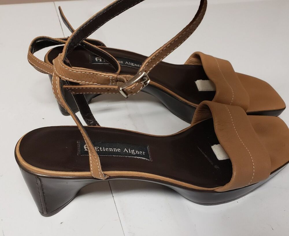 Etienne Ainger Women's Open Toe Sandal Strapped Leather Tan Sz 9.5N PO Excellent